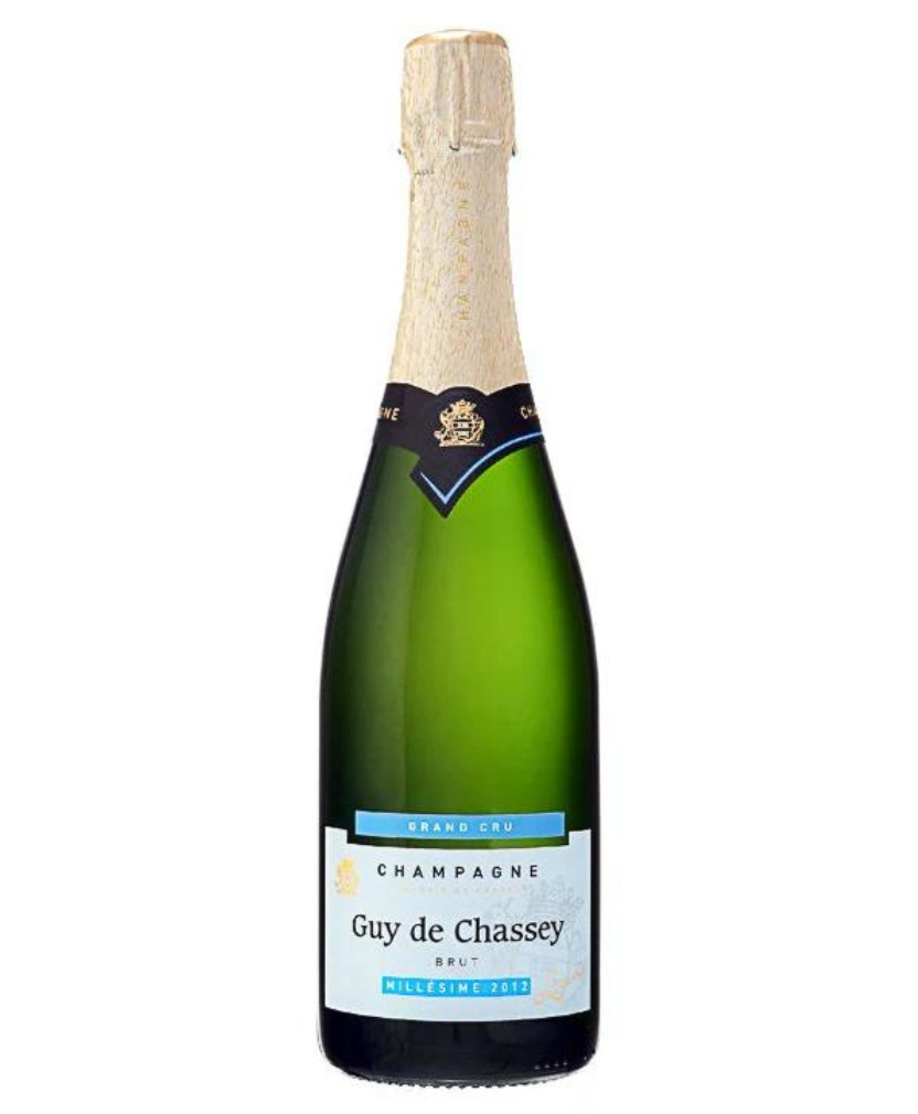 Front view of a bottle of Guy de Chassey - Millesime 2015 Champagne